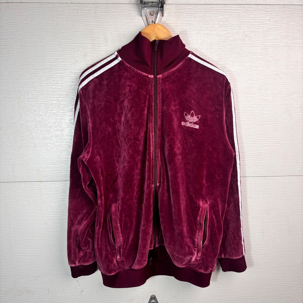 2000s Adidas Velour Track Jacket Burgundy Trefoil 3 Stripe Y2K Large